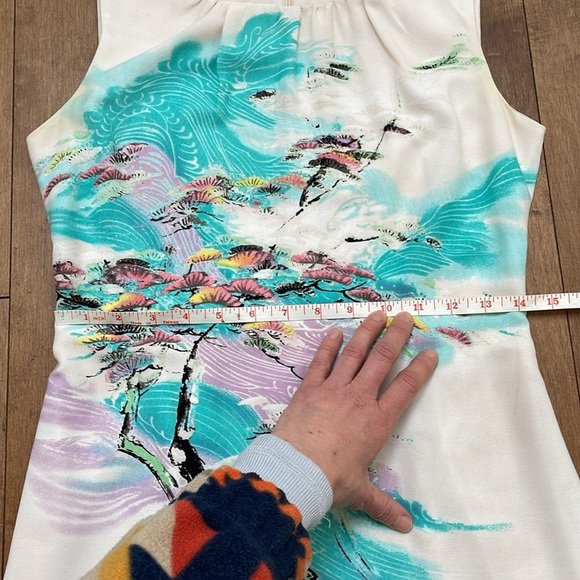 Max & Cleo Sheath Dress US2 Sleeveless abstract Japanese Sundress Aqua Cream - Picture 9 of 11